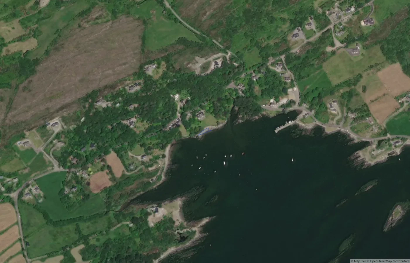 Aerial map view of Unnamed Shore beside Ahakista Strand in County Cork