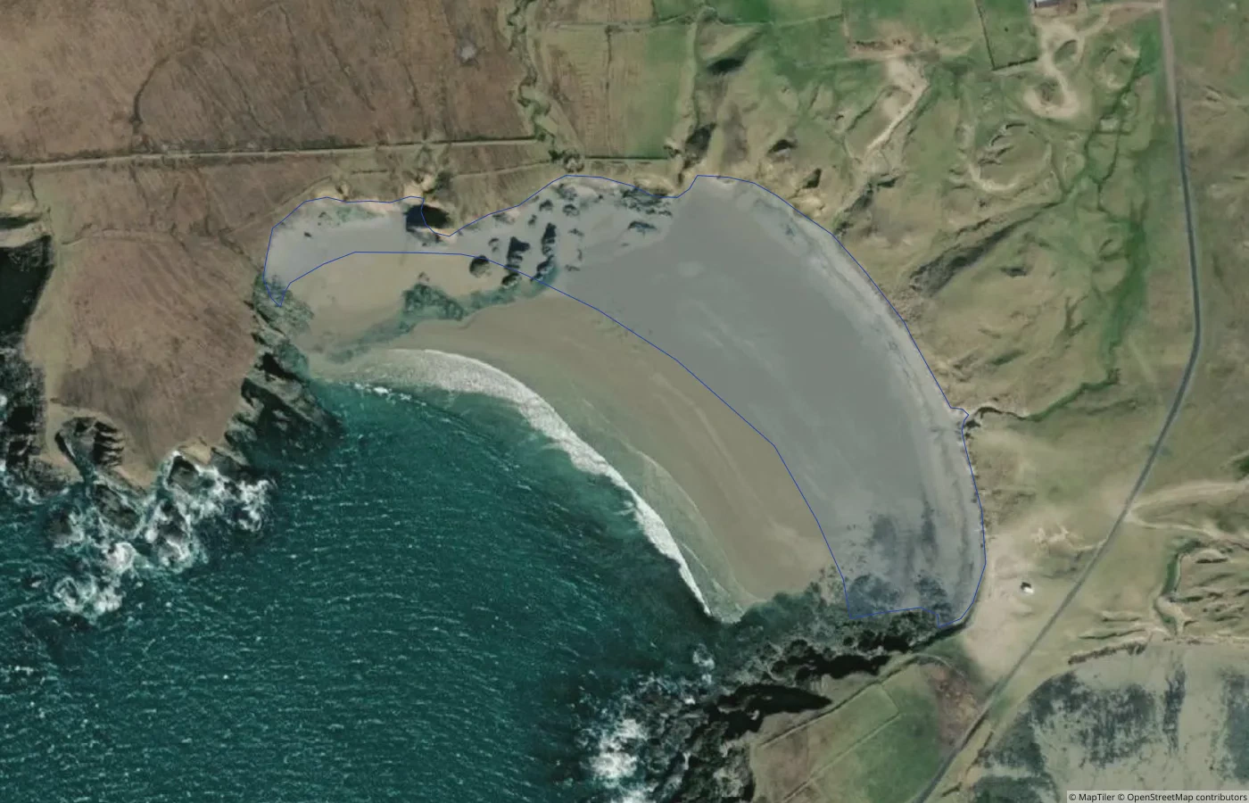Aerial map view of Rinroe Beach, Carrowtigue in County Mayo